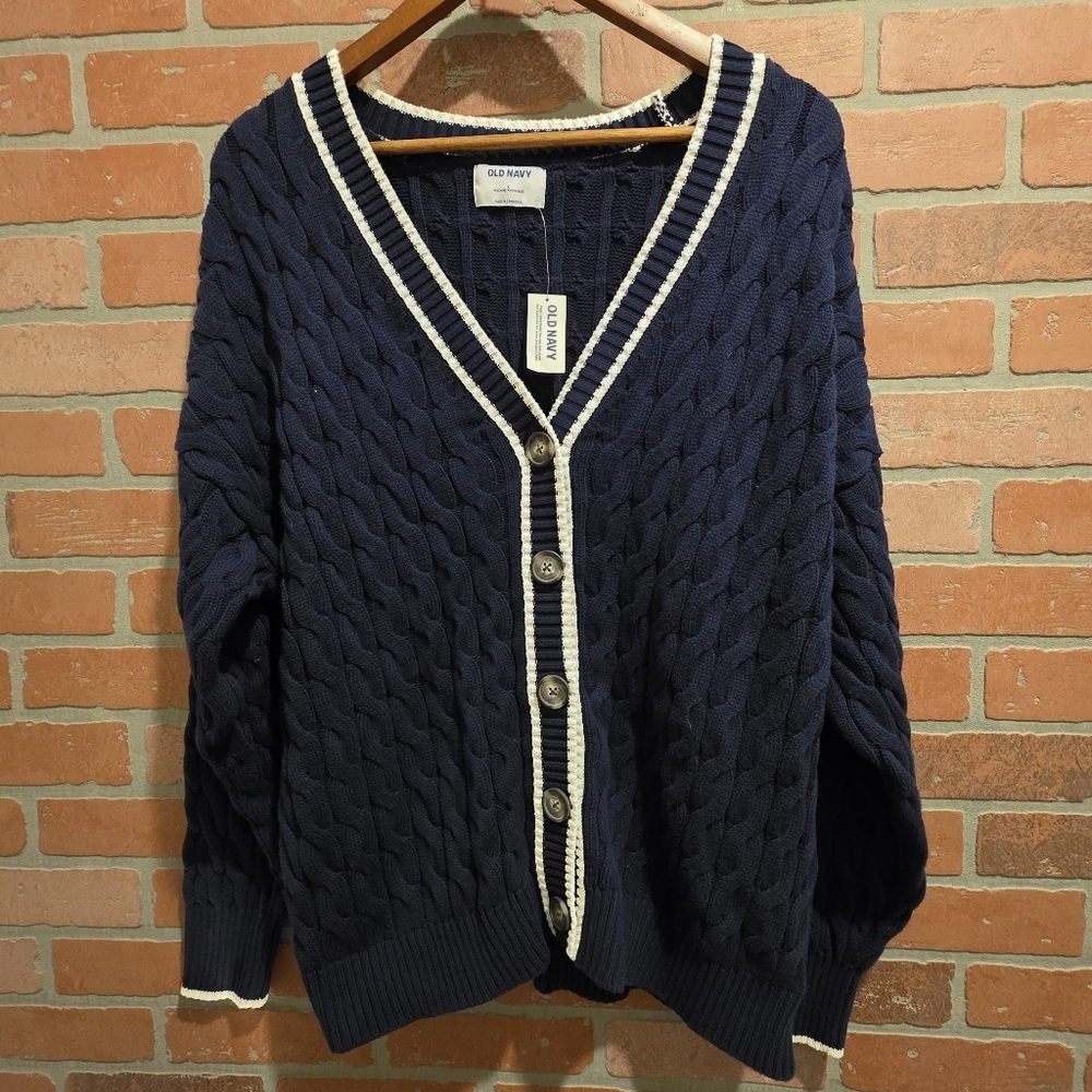 Old Navy Navy Blue Cable Knit Cardigan with White Trim